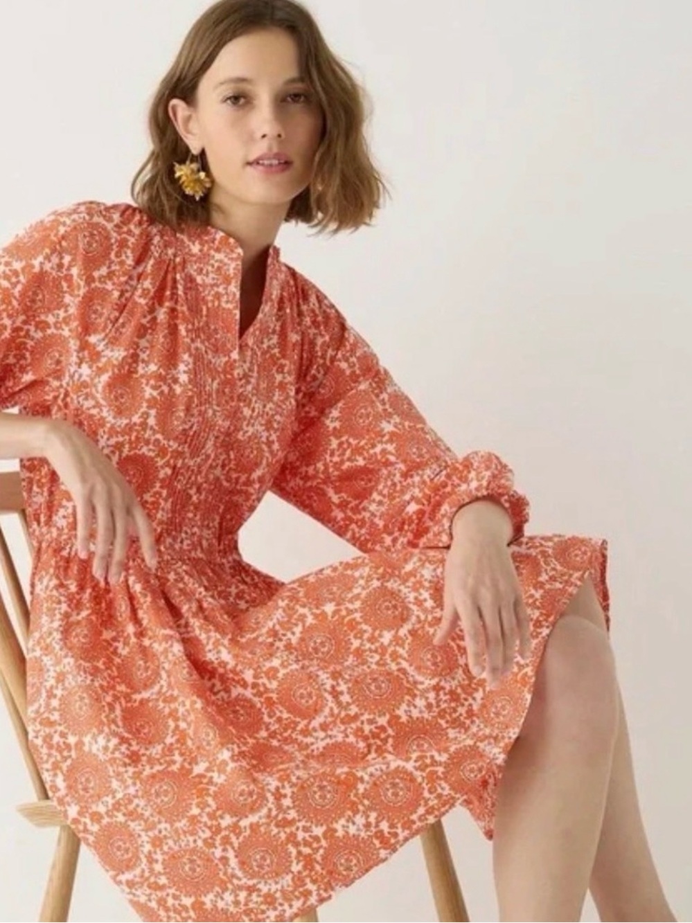 J. Crew Orange Paisley-Print Long Sleeve cotton poplin  Dress LT